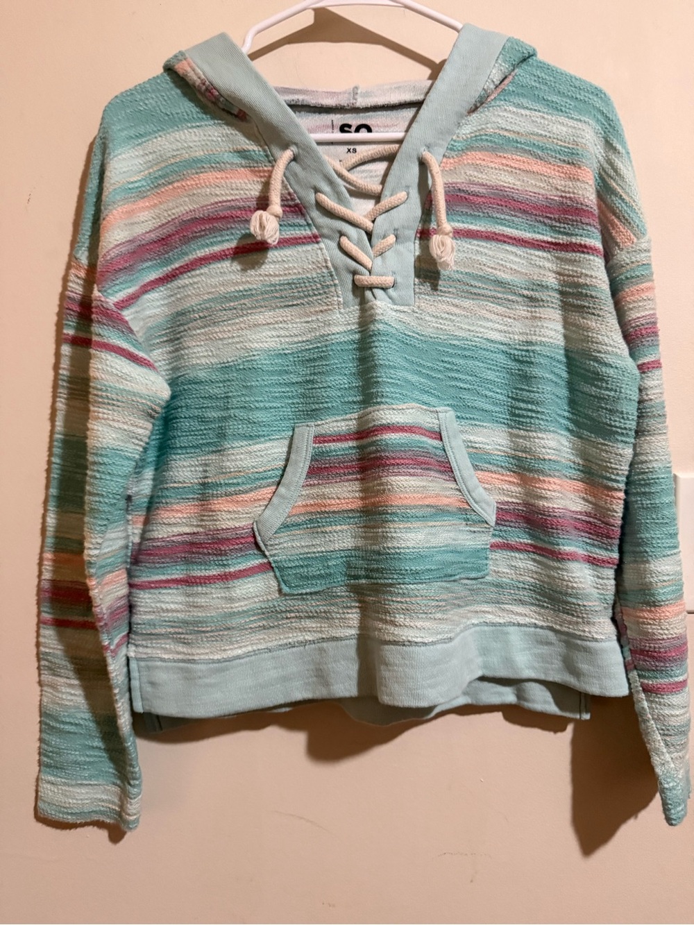 SO Aqua Striped Lace-Up Hooded Pullover with Pastel Accents